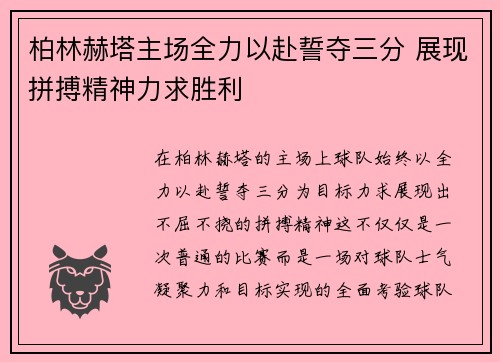 柏林赫塔主场全力以赴誓夺三分 展现拼搏精神力求胜利