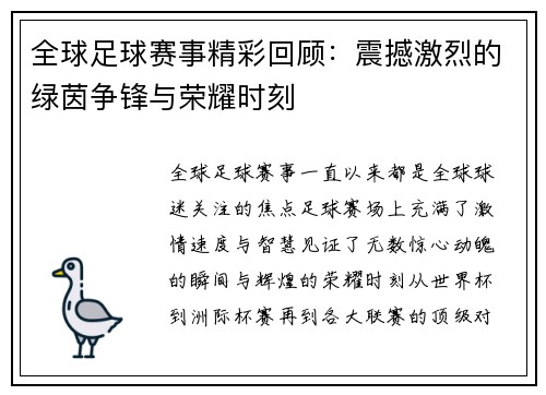 全球足球赛事精彩回顾：震撼激烈的绿茵争锋与荣耀时刻